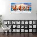 Wall Art Canvas Painting Horses Running Blue Sky 1 Piece Seven Horses in The Water Sunset Background Picture Poster Print Framed and Stretched Ready to Hang for Living Room Bedroom, 48"L x 24"W