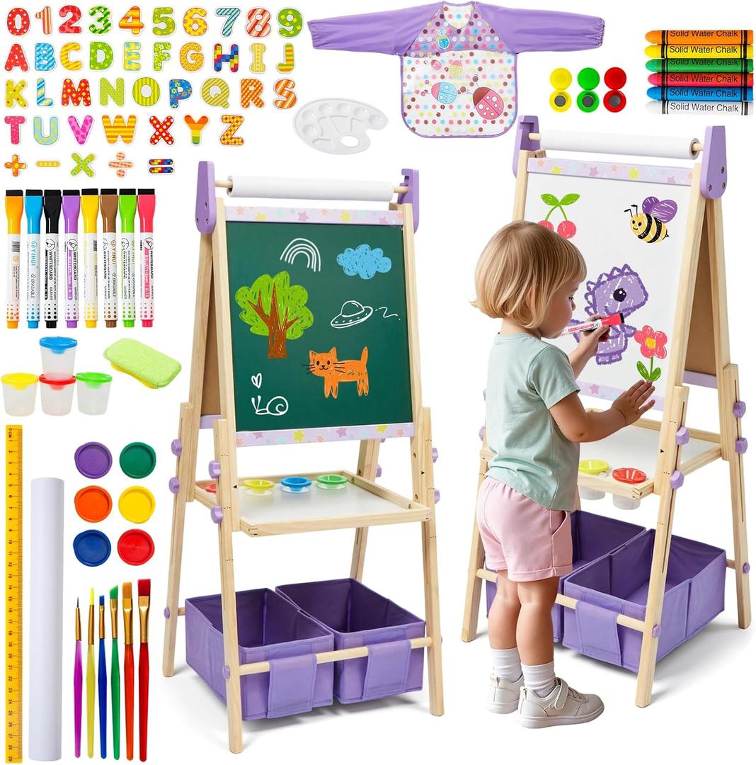 3-in-1 Kids Art Easel Set, Height Adjustable Magnetic Whiteboard & Chalkboard with Painting Paper Roll, Wooden Dual-Sided Art Station for Toddlers & Children Ages 3-8 (Art Supplies Included)