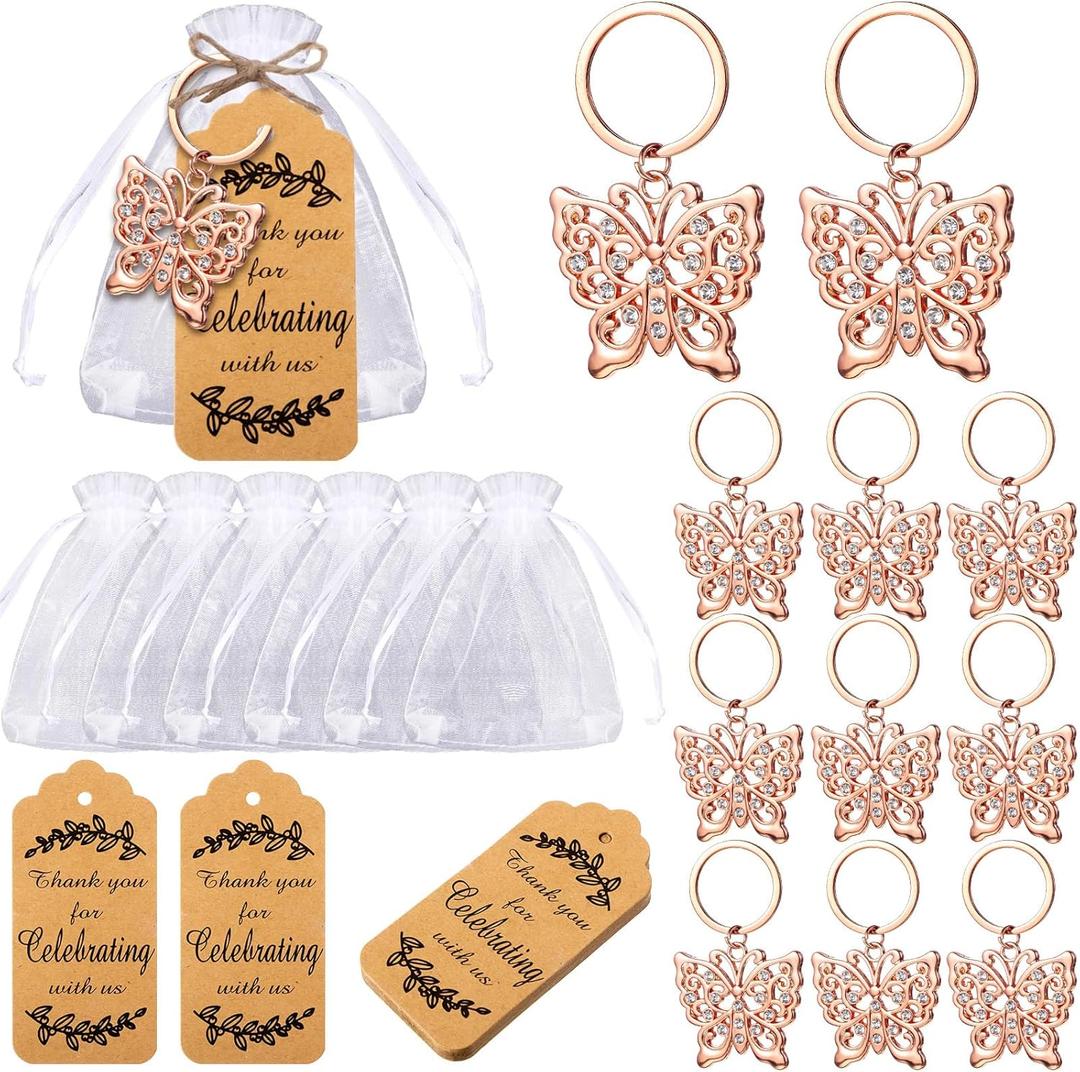 Butterfly Keychain Party Favors Butterfly Keyring for Guest Baptism Party Favor Metal Crystal Animal Keychain Souvenirs Thank You Tags for Baby Shower Wedding Birthday Gift(Rose Gold,20 Set)