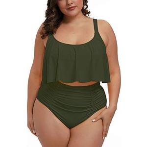 Pink Queen Women Plus Size Swimsuits Tummy Control Ruffle 2 Piece High Waisted Bathing Suit Swimwear Size 2XL