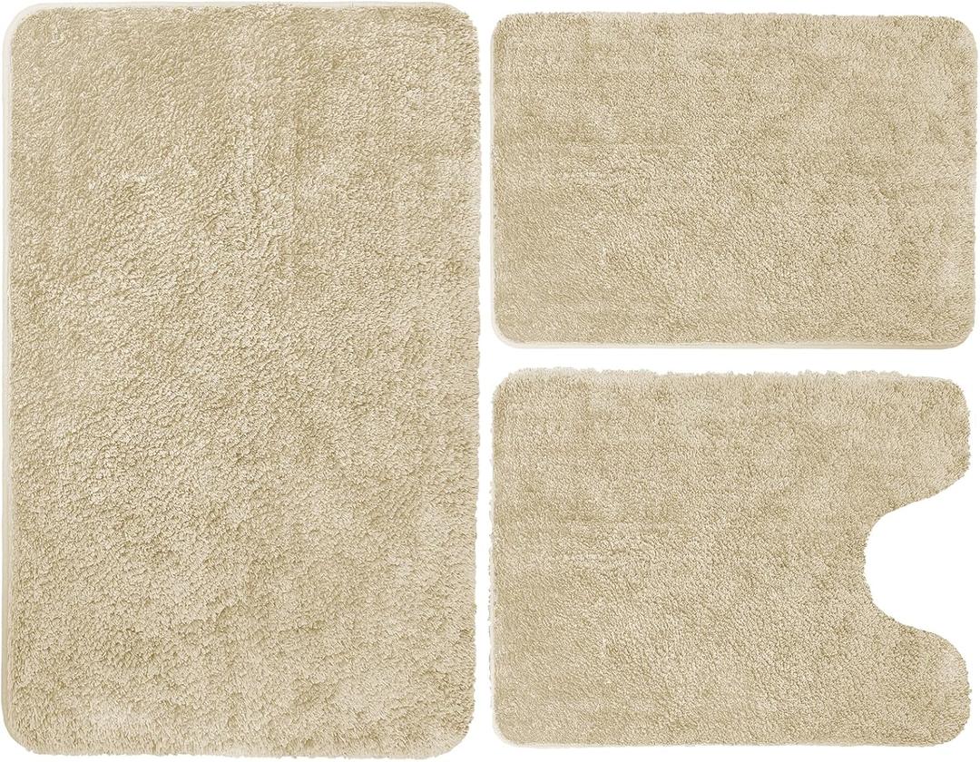 Bathroom Rugs Sets 3 Piece, Luxury Microfiber Extra Soft Bath Rugs Set, Absorbent Water Shaggy Bath Mats, Non-Slip TPR Backing, Machine Washable, Bath Mats for Bathroom, Tub and Shower,Beige (20"x32"+16"x24"+ U Shape20"x20")