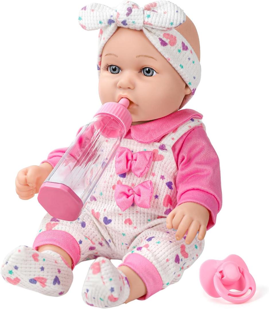 XFEYUE 12" Baby Doll with Pink Bowknot Clothing Set,12 Inch Realistic Baby Dolls with Clothes and Accessories, Pacifier Bottle Toy Pretend Play Collection for 3+ Child Girls Gifts
