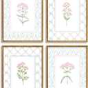 Pink Blue Floral Nursery Wall Art Watercolor Wildflower Pictures Wall Decor Sage Green Botanical Posters Vintage Grandmillenial Flower Painting Print Artwork for Baby Girls Room Bedroom, Framed