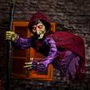 Halloween Animatronics Floating Witch Decorations - Animated Flying Witch with Sound Activated with Creepy Sound, Scary Move, Light Up Eyes, Haunted Decor Horror Prop for Indoor, Outdoor, Yard Lawn