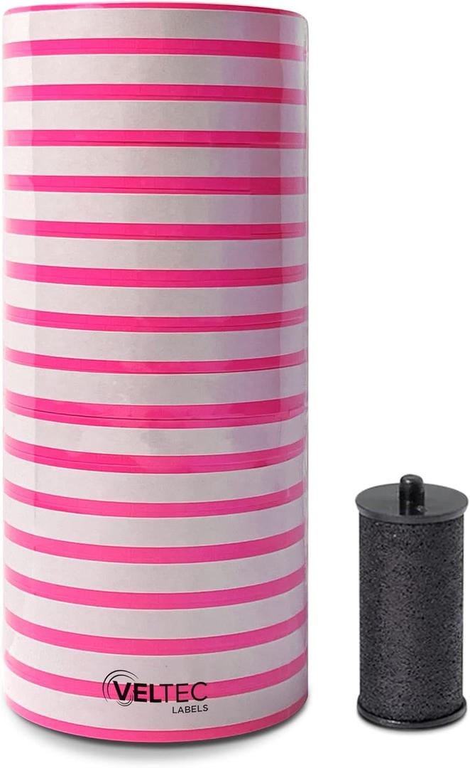Veltec Premium Pricing Labels for Monarch 1110 Price Gun, 16 Rolls, 17,000 Labels, Ink Roller Included (Pink)
