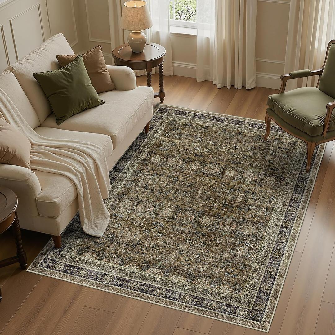 WITSHOCK 6x8 Area Rugs for Living Room - Washable Vintage Rug Retro Antique Traditional Large Non Slip Low Pile Soft Boho Indoor Floor Carpet for Bedroom Dining Room Home Decor, Brown Olive Green