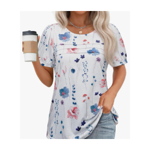 Womens Summer Short Sleeve Tops Pleated Shirts Crewneck Outfit Puff Sleeve Blouses Casual Tunic Blue Flower, Size Large