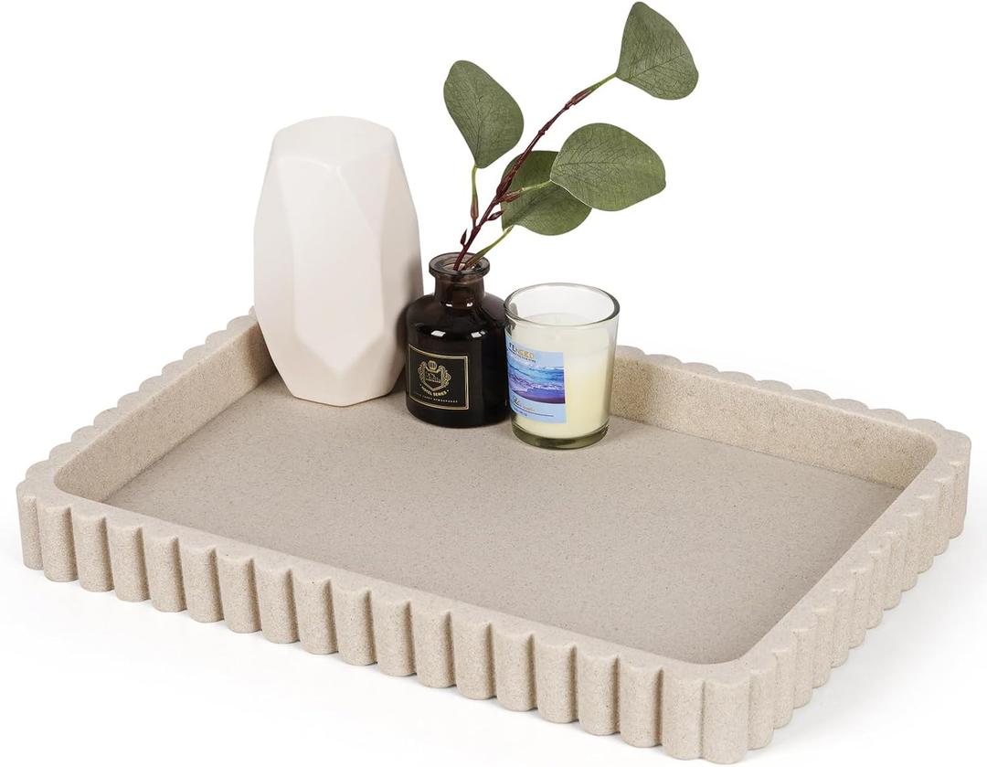 Cathyeen Resin Decorative Tray for Coffee Table Decor, 14" Coffee Table Tray Ottoman Tray Table Centerpieces, Rectangular Modern Decorative Trays for Home Decor, Living Room, Entry, Resin Beige (14" x 10" x 1.5")
