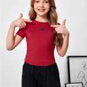 Girl's 2 Packs Graphic Tees Short Sleeve Crew Neck Crop Tops Slim Fit Summer Cute Tees (Red Black)