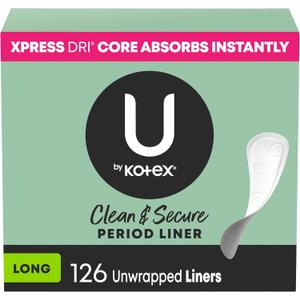 U by Kotex Panty Liners, Clean & Secure, Light Absorbency, Long Length, 126 Count (Packaging May Vary)