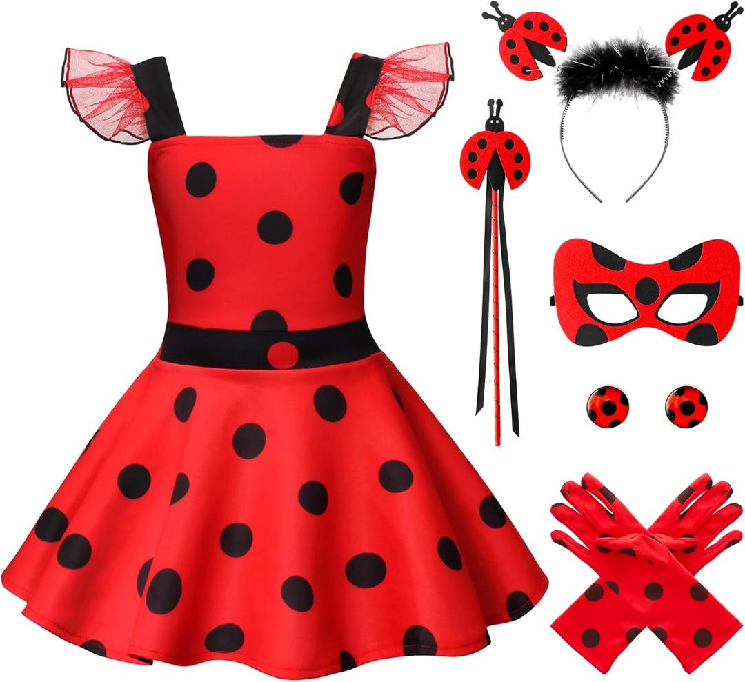 Girls Costume Polka Dots Dress Up Carnival Costume Birthday Outfit Christmas Party Cosplay Mask Gloves Headdress for Kids (2-3T)
