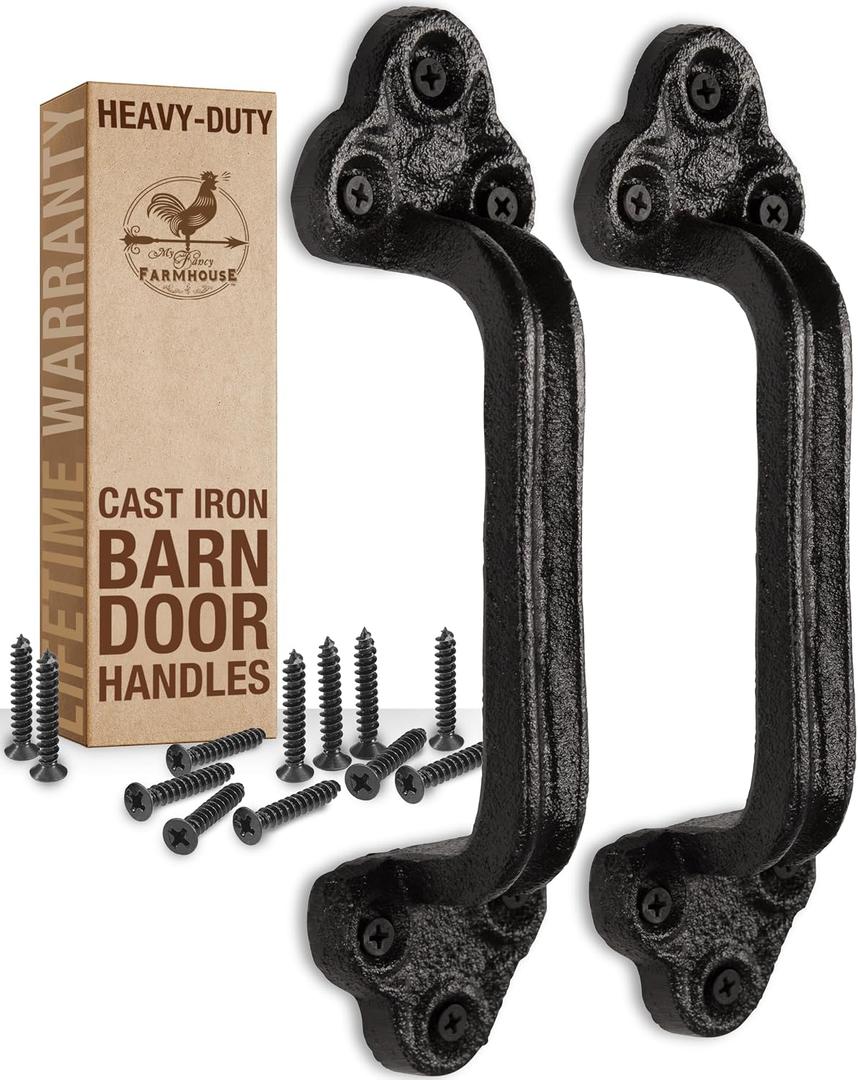 Heavy Duty Barn Door Handles (Set of 2) Black Rustic Cast Iron Gate Handles - Farmhouse Decor, Strong Closet Sliding Door Pull - with Hardware (Large - 9 inches, Indoor & Outdoor)
