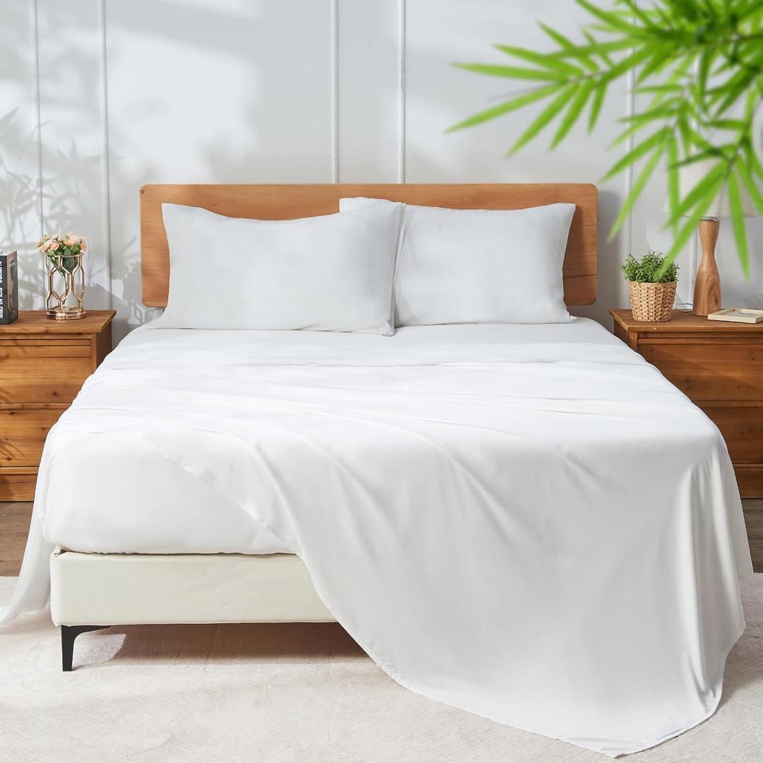 100% Rayon Derived from Bamboo Sheets King Size, Organically Growth, Silky Soft & Cooling Sheet Set, 4 Piece (1 Fitted Sheet, 1 Flat Sheet and 2 Pillowcases) White Bedding Set with Deep Pocket