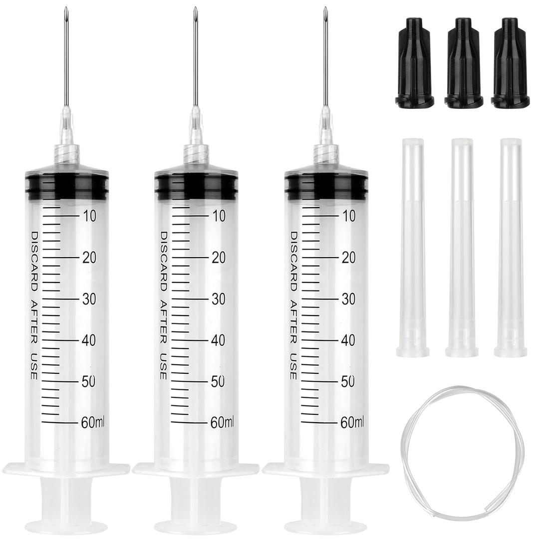 3 Pack 60ml Syringe with 55.1” Tube and Needle 16G 1.5”, Large Luer Lock Syringes with Cap for Fluid Suction Injector, Drawing Oil, Fluid, Water, Lab
