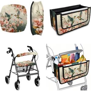 LedBack Hummingbird Floral Mobility Scooter Accessories Sets Walker Seat Rollator Seat Cushion Back Cover for Seniors Universal Walker Storage Basket