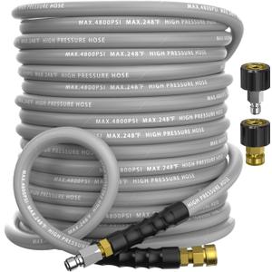 3/8" Pressure Washer Hose 50FT 4800 PSI, Kink Resistant Steel Braided Layer & NonMarking Rubber for Hot/Cold Water, High Power Washer Hose With 3/8 Inch Quick Connect & M22 Fitting, Gray