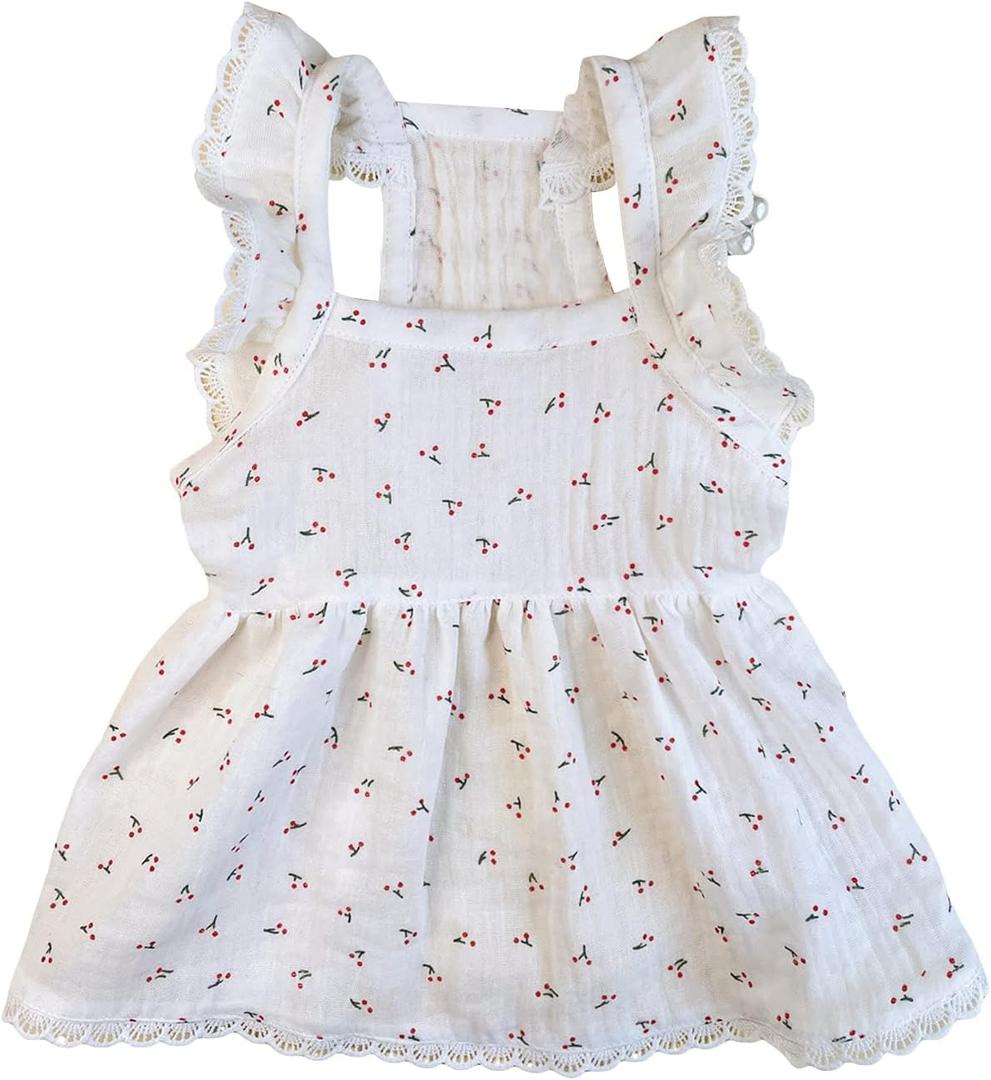 QWINEE Lace Trim Dog Dress Apparel Cherry Print Cat Puppy Skirts Cute Pet Tutu Breathable Summer Birthday Holiday Dress for Small Medium Dogs Cats Kitten White, XXL