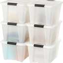 IRIS USA 32 Qt Stackable Plastic Storage Bins with Lids, 6 Pack - BPA-Free, Made in USA - Discreet Organizing Solution, Latches, Durable Nestable Containers, Secure Pull Handle - Pearl