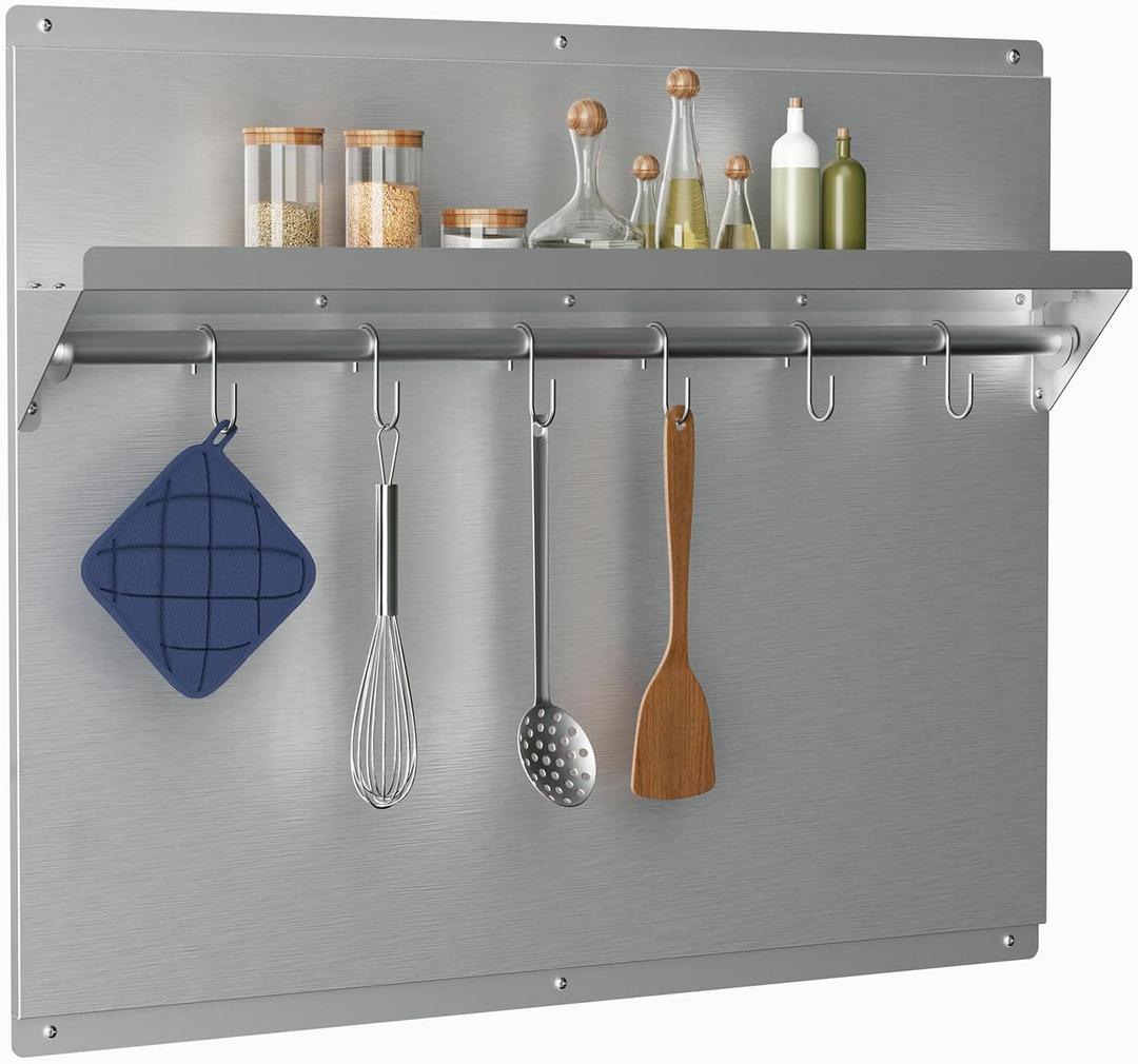 IKTCH Range Backsplash with Shelf 24 x 30 Inch Range Hood Wall Shield, Stainless Steel Backsplash Silver Splash Plate for Range Hood Stainless Backsplash with Built-in Storage Shelf and Hanging Rack
