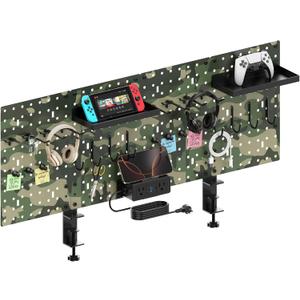 CCCEI Desk Organizer and Storage with Charging Station, Army Green Clamp on Table Pegboard, Gaming Standing Office Supplies Shelf Accessorie, Metal Peg Board Privacy Panels, Gifts for Men, 6FT.