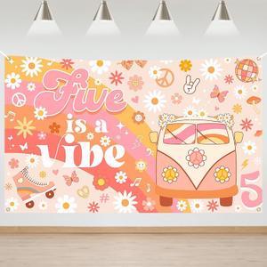 Mocsicka Groovy 5th Birthday Backdrop Banner Five is a Vibe Birthday Background Retro Hippie Boho Girl 5th Birthday Party Decorations Photo Booth Prop
