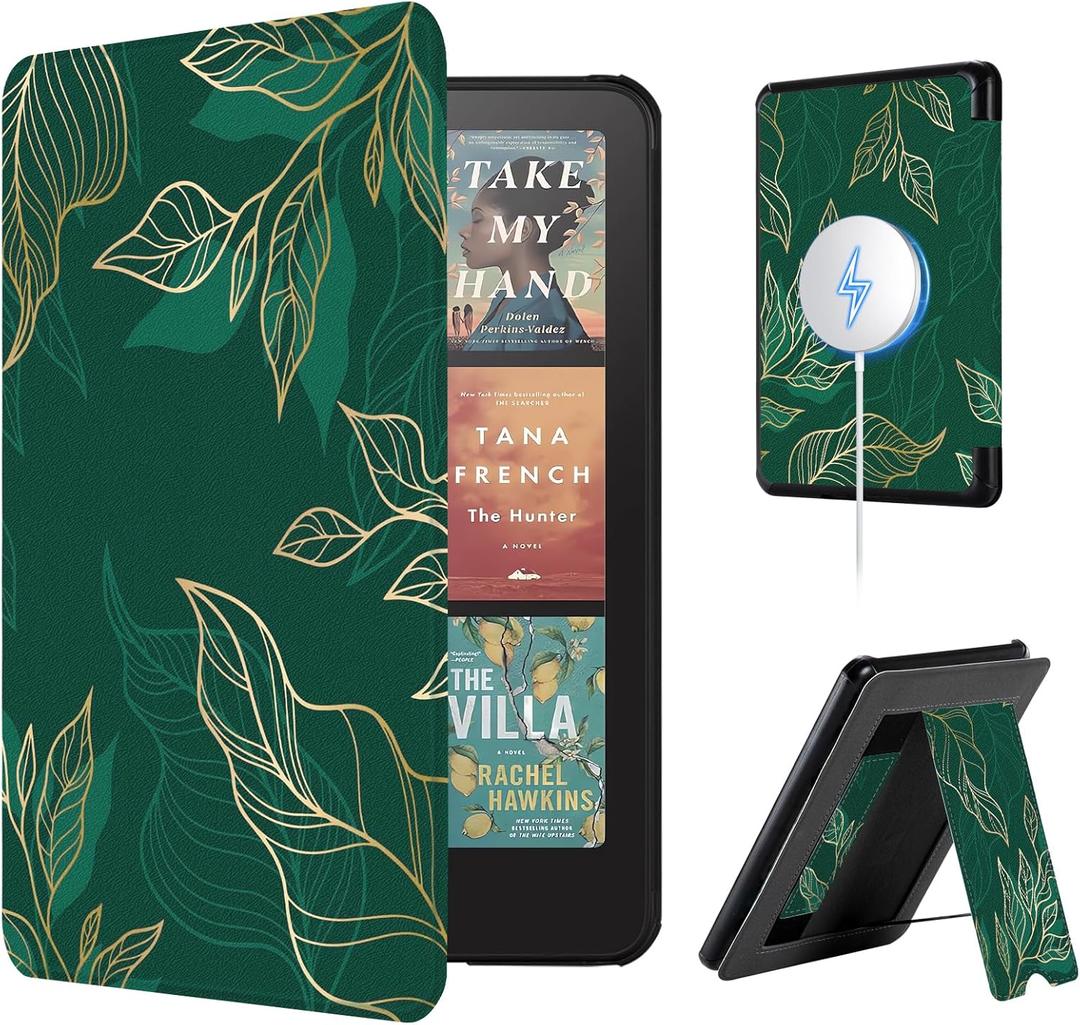 CoBak Lightweight Stand Case for 7" Kindle Paperwhite 12th Gen 2024 and Kindle Colorsoft with Right Hand Strap - Compatible with iPhone MagSafe, for Samsung/Belkin/Anker Wireless Charging Pads (Green pattern)