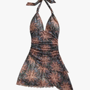 Women's Floral Print Sleeveless Halter Deep V Tie Mini Dress Ruched Backless Slim Fit Cami Dresses Knot Boho Dress
