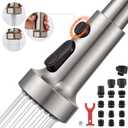 with 15 Adapters Pull Down Kitchen Sink Faucet Head Replacement, 3 Functions Plastic Kitchen Sink Sprayer Nozzle Replacement for Kitchen Faucet, Pause Mode (Brushed Nickel)