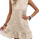 PRSFPN Women's Ruffle Hem Jacquard Dress Casual Sleeveless Tank Floral Mini Dress Smock Wedding Guest Dresses (Beige, XX-Large)