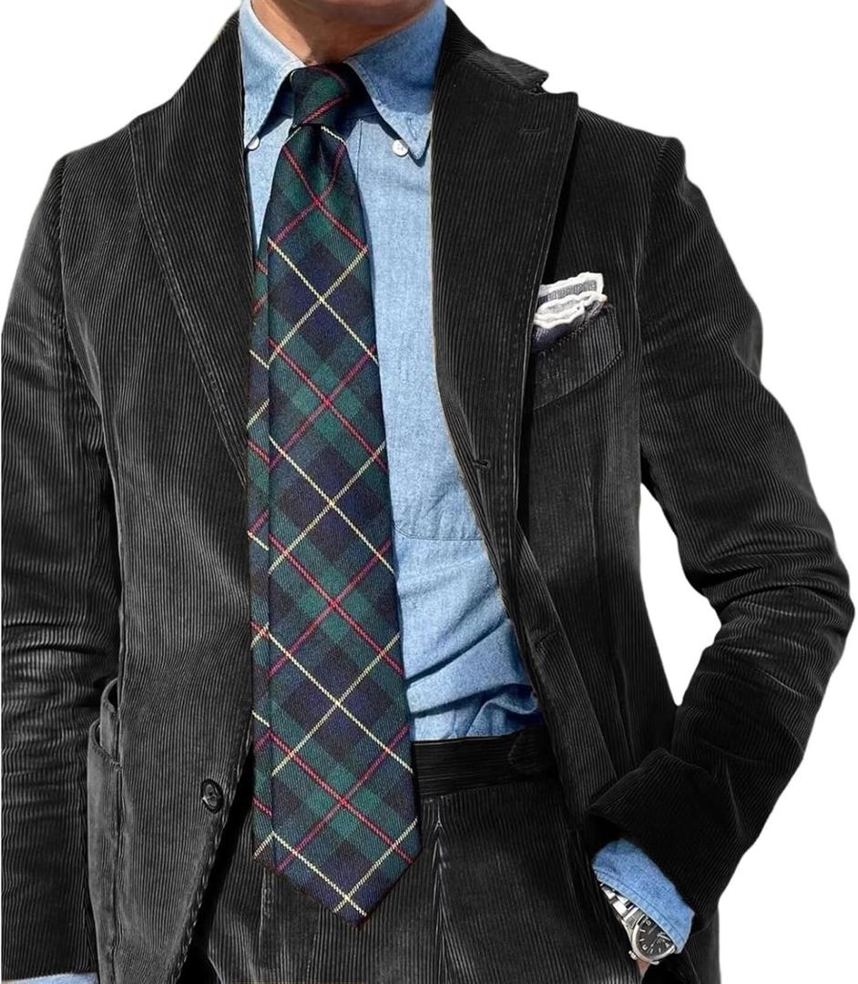 Men's Suits 2 Piece Retro Corduroy Slim Fit Business Formal Dress Suit for Wedding Prom Tuxedos Jacket Pants Set (Black)