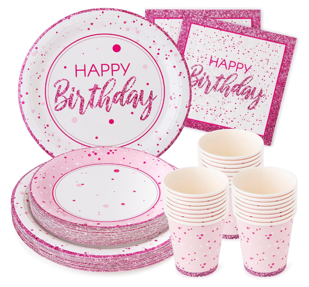 Royal Bluebonnet Hot Pink Birthday Plates  - 9 and 7 inch Plates, Napkins, and Cups Party Supplies, Sturdy 400 GSM Weighted Pink Birthday Decorations for Girls, Women, and Tweens