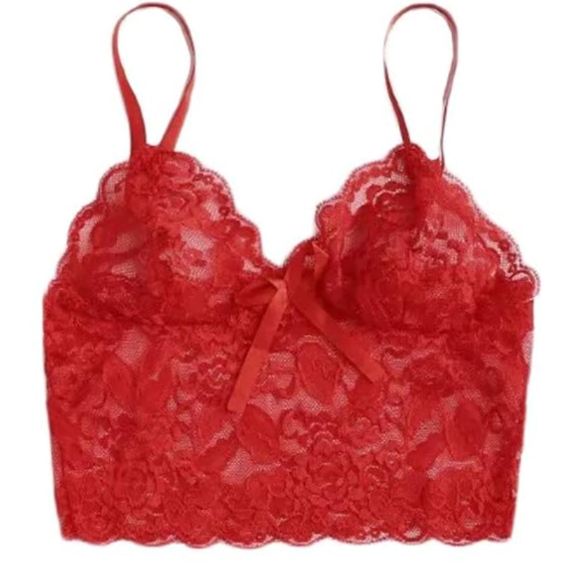 SOLY HUX Women's Bralettes Sheer Glitter Sparkly Straps Wireless Push Up Bras Lingerie Pure Red Large