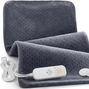 Electric Heating Pad for Back Pain & Cramps, 6 Heat Settings, Soft Machine Wash Fabric, Auto-Off & Moist Heat (Gray)