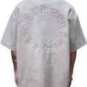 SHENHE Men's Oversized Graphic Tee Letter Embossed Short Sleeve Drop Shoulder Crewneck Streetwear Novelty T-shirt (Medium, Light Grey)