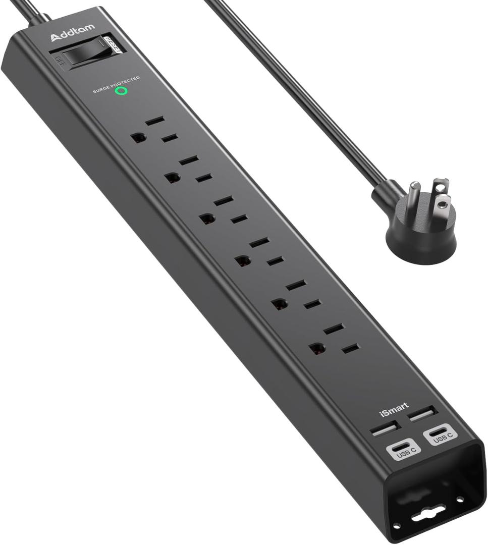 Flat Extension Cord, Addtam 5Ft Surge Protector Power Strip with 6 AC Outlets 4 USB, 1875W/15A, Wall Mount, Desk Charging Station for Office School College Dorm Room Essentials, ETL Listed, Black