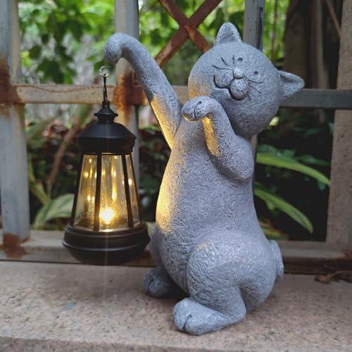VIOYOUNS Cat Solar Garden Statues,Resin Cat Figurine Decorations with Solar Lights Lantern, Outdoor，Statue Decor Art for Lawn,Yard,Unique Housewarming Gift for Garden Home
