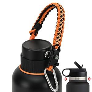 QeeCord 2.0 Paracord Handle for Hydroflask 2.0 Wide & Standard Mouth Water Bottles Strap Carrier with New Safety Ring Holder, 12oz - 64oz (Orange)