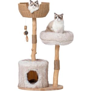 Cat Tree Tower with Two Real Branches, 44 INCH Wood Modern Cat Tower with Luxury Cat Condo, Cat Scratching Post, Jumping Platforms, Cat Furniture (Long Plush)