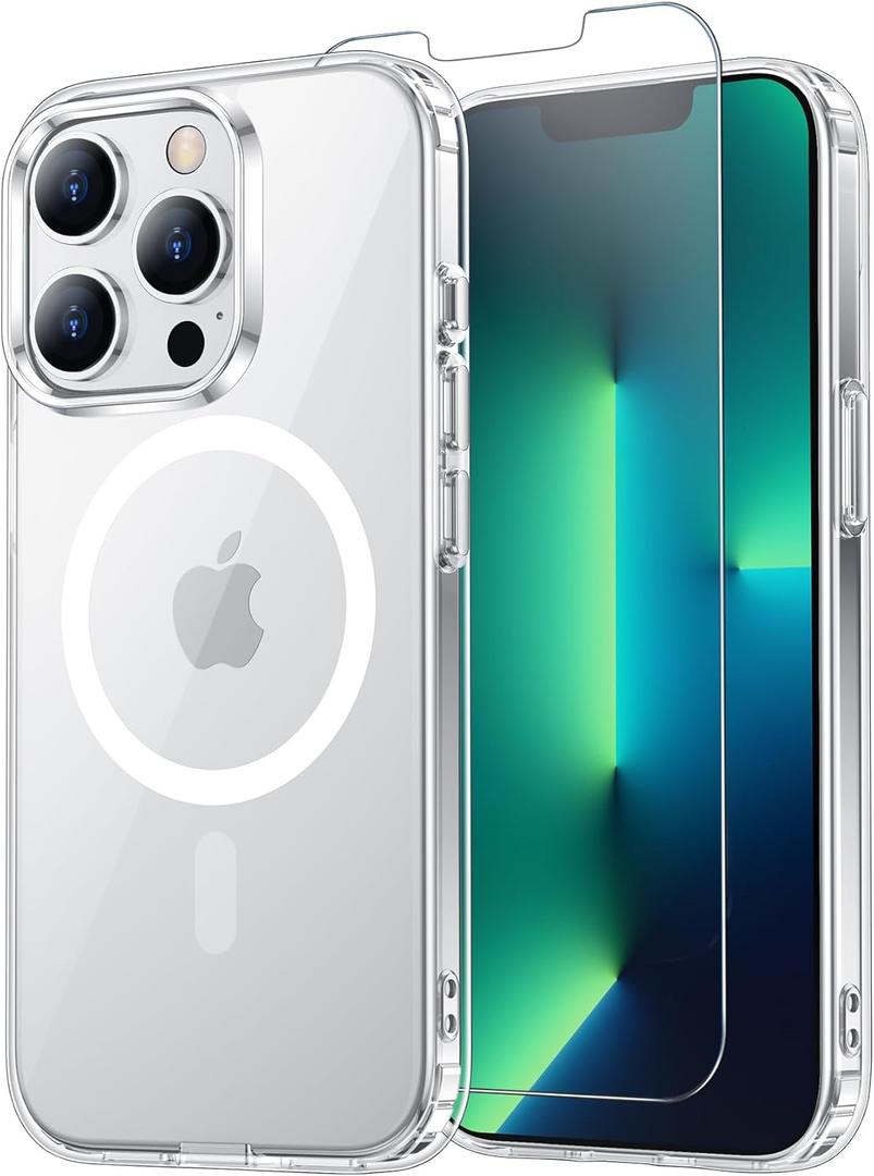for iPhone 13 Pro Max Case Clear with Screen Protector, Compatible with Magsafe, Anti-Yellowing, Military-Grade Protection, Shockproof Slim Magnetic Phone Case Cover, Transparen