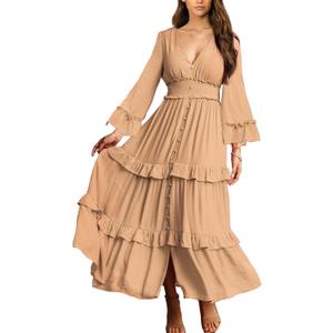 Amegoya Women's V Neck Long Sleeve Boho Maxi Dress Summer Wedding Guest Long Flowy Engagement Dresses (5-khaki), Size XL