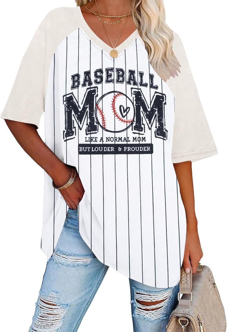 Baseball Mom Shirts for Women - Oversized V Neck Baseball Jersey Shirt Stripe Graphic Print Casual Tops Tees (Pink, L)