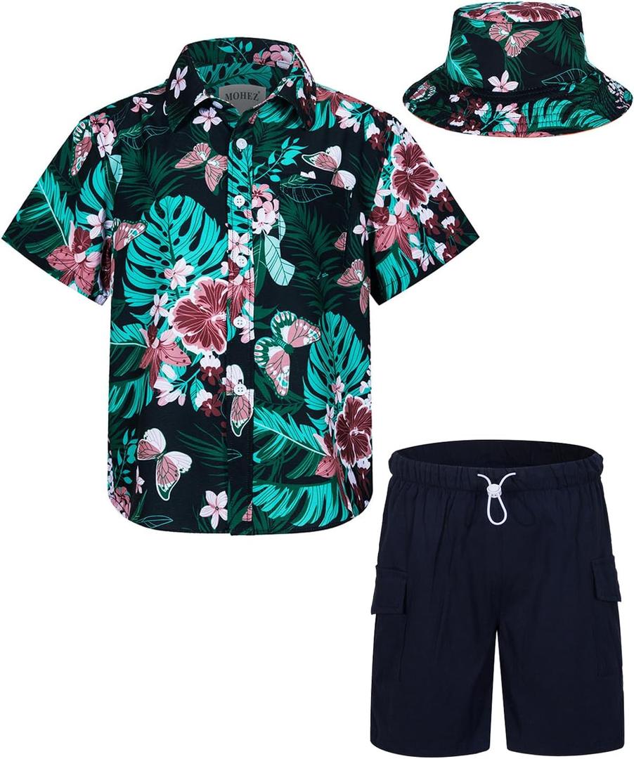 Boys Hawaiian Shirt and Short Set Summer Outfit Kids 2 Piece Clothes Set With Bucket Hat (3-4T, Black9)