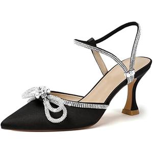 Susanny Women's Closed Toe Rhinstone Wedding Low Heel Slingback Clear Kitten Heels,Adjustable Strap Pointed Toe Bow Pumps High Heeled Prom Dress Shoes Size 7