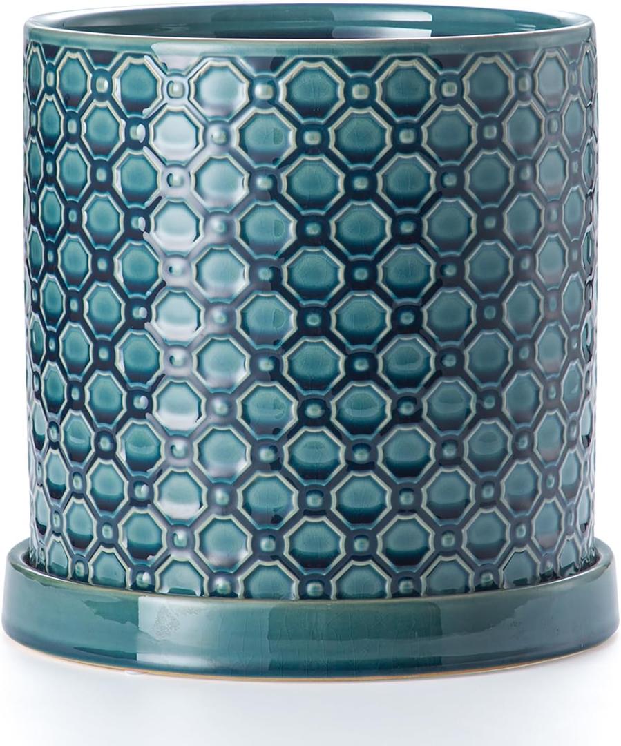 8 Inch Plant Pot: Ceramic Planter with Drainage Hole & Saucer Indoor Outdoor Plants - Cylinder Round Flower Pot for Home Office - Modern Decorative - Medium Blue