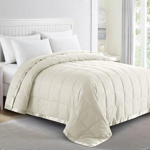 puredown Blankets Queen Size - Soft Lightweight Down Blanket for Bed, Cozy Warm Luxury Bed Blanket with Satin Trim, Ivory (90"X90"), Full/Queen