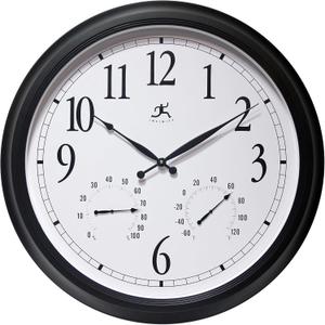 Infinity Instruments 24 inch Classic Black Wall Clock Thermometer Humidity Outdoor | Round Outdoor Wall Clock | Outdoor Indoor Thermometer Clock Hygrometer | Great for Garage, Patio, Pool, Outdoors