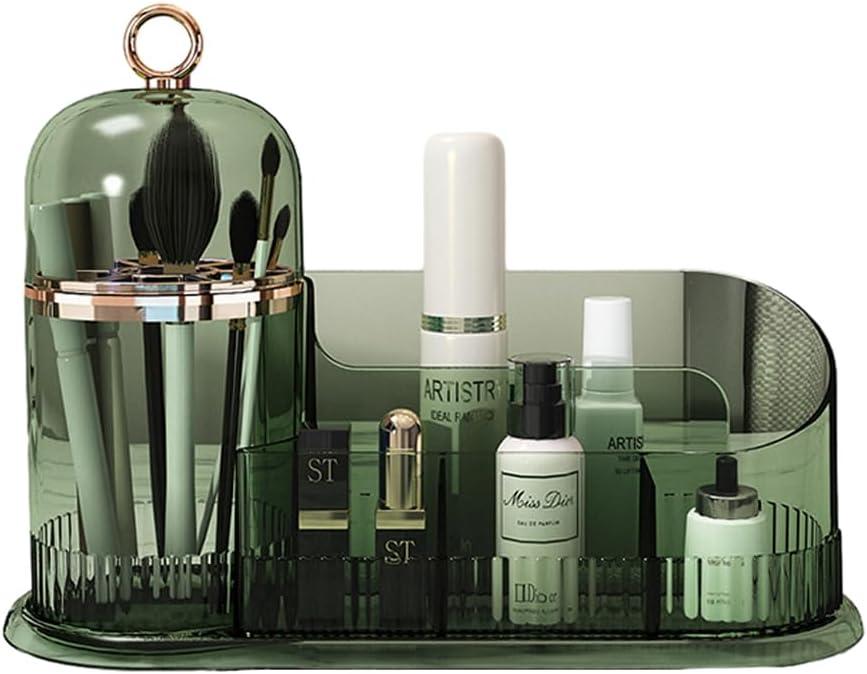 Makeup Organizer, Skincare Organizer with Brush Holder, Partitioned Storage Cosmetic Display Cases, Large Capacity Cosmetic Storage for Bedroom Dresser, Bathroom Counter (Clear Green)