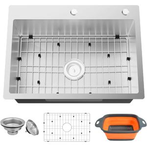 Kitchen Sink,25x18 Inch Stainless Steel Drop In Topmount Kitchen And Bar Sink Stylish and Modern Look Come With Bottom Grid,Drain Basket And Drain Assembly Add Elegance & Enhance Usability., 25x18x9 inches