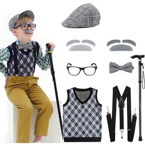 Kids 100 Days of School Costume for Boys - Halloween Old Man Costume Hat Glasses and Grandpa Vest Set for Child