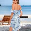 BeryLove Women’s Sexy Off Shoulder Mesh Midi Wedding Guest Dresses Ruched Bodycon Ruffled Cocktail Dress (Blue, M)